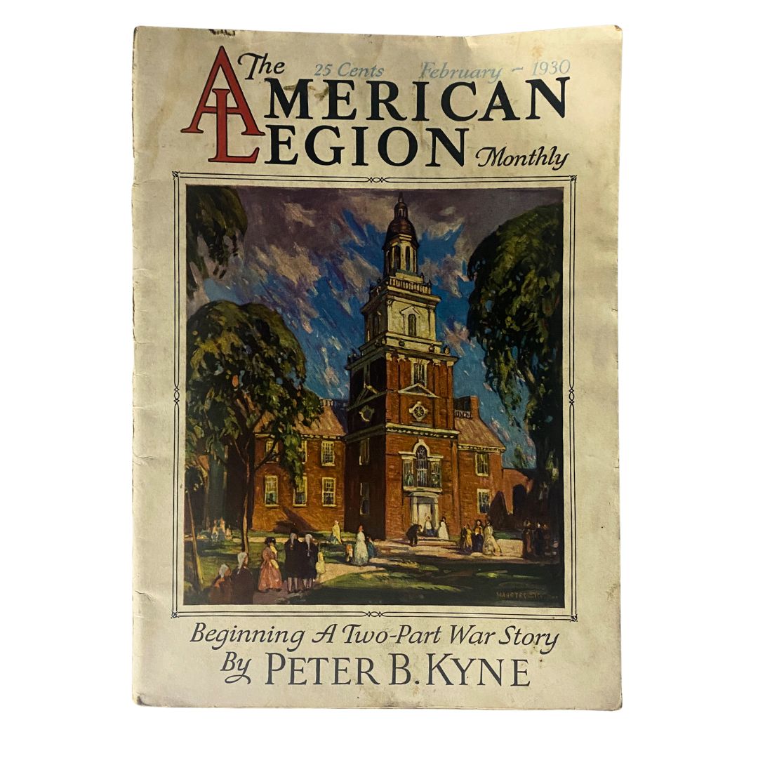 Cover of The American Legion Magazine February 1930 featuring Independence Hall, showcasing vintage artwork and typography.