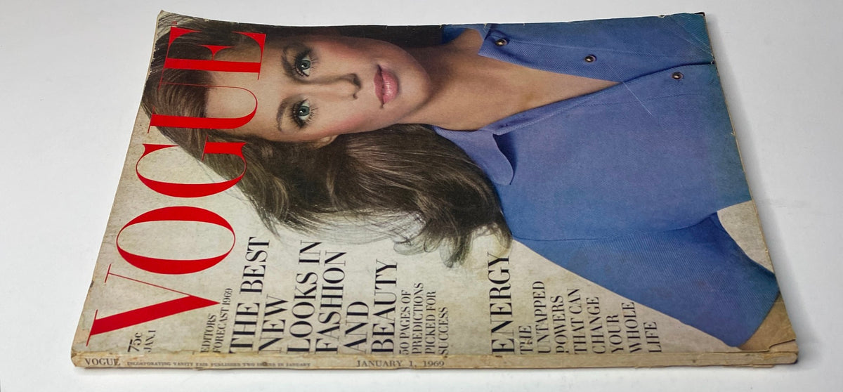 Vogue Magazine January 1, 1969 cover with Lauren Hutton, emphasizing her striking features and fashion style, a representation of 1960s elegance.