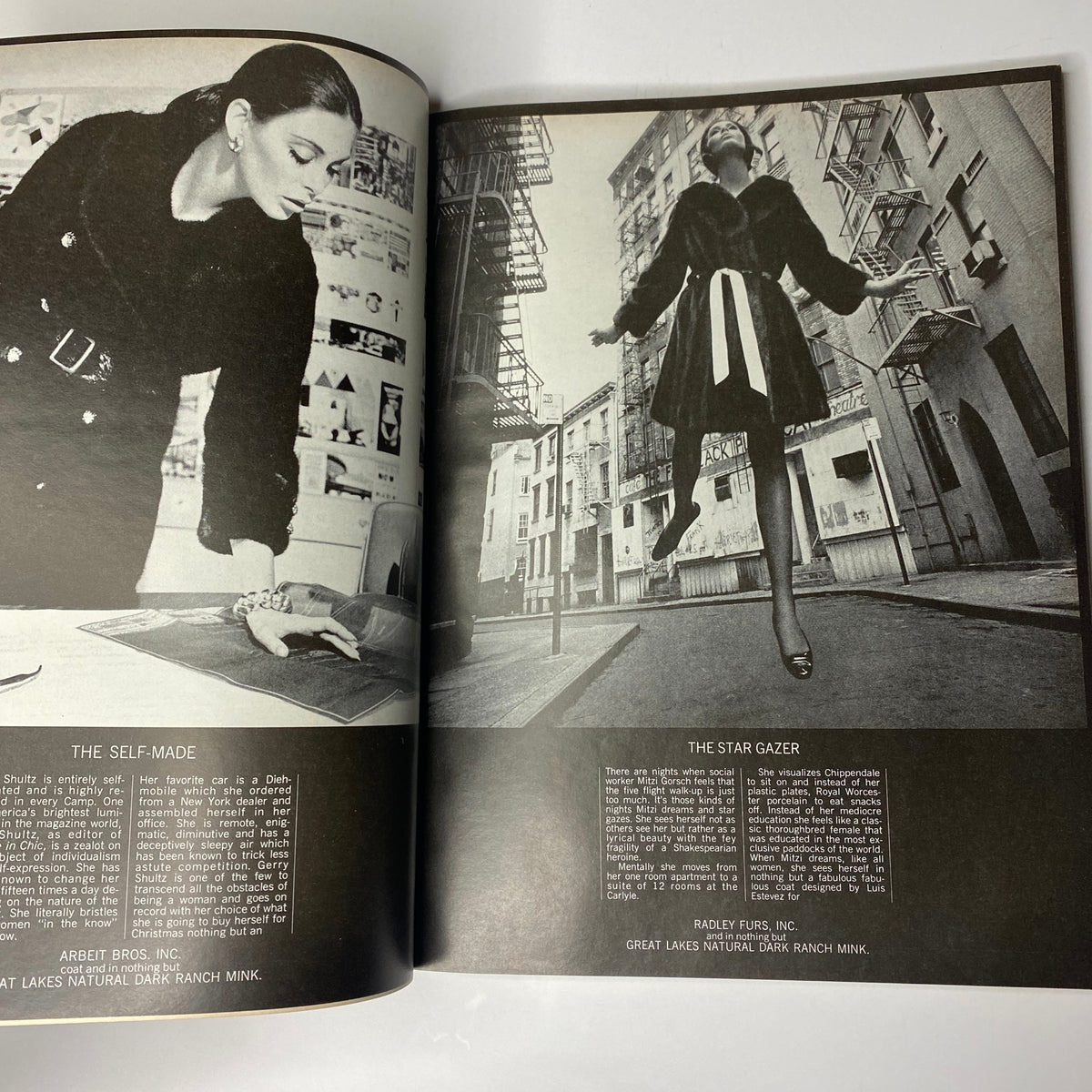 Fashion editorial spread in Vogue Magazine December 1967, showcasing a model in stylish attire and a striking urban backdrop, emphasizing 1960s fashion trends.
