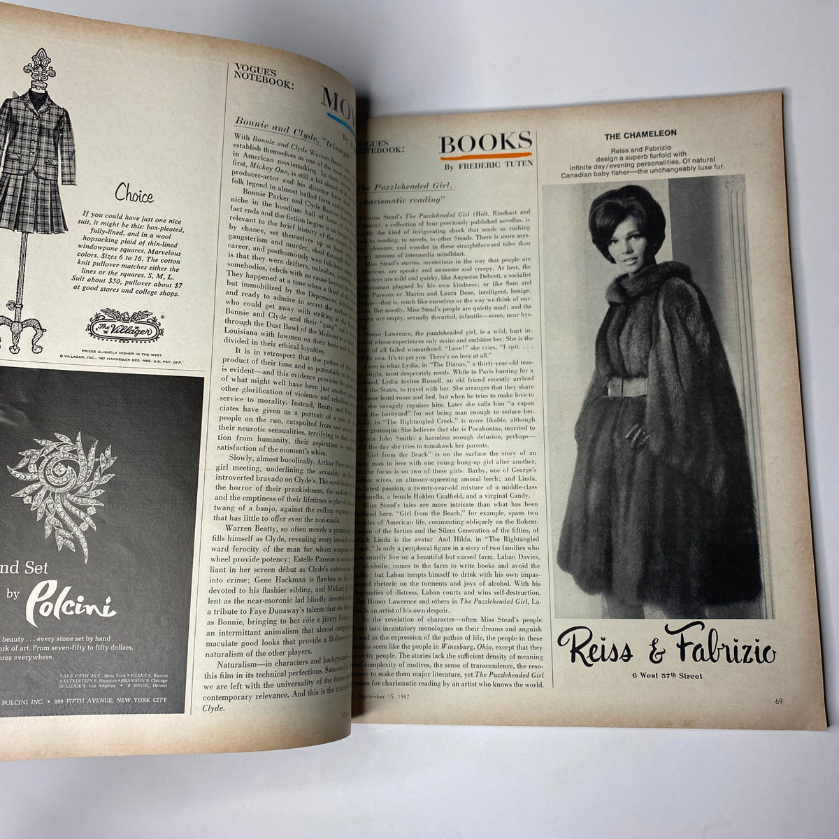 Vogue Magazine September 15, 1967, displaying an article page featuring fashion insights and book reviews, enriched with striking 1960s visuals.