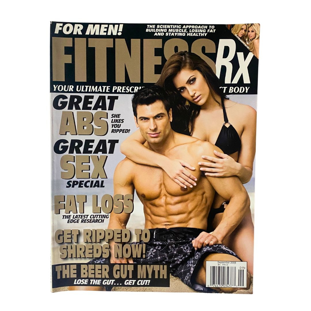 Cover of Fitness RX Magazine September 2008 featuring the title 'The Beer Gut Myth: Lose The Gut'. The image shows a muscular man and a woman posing together, highlighting fitness and health themes, suitable for collectors and fitness enthusiasts.