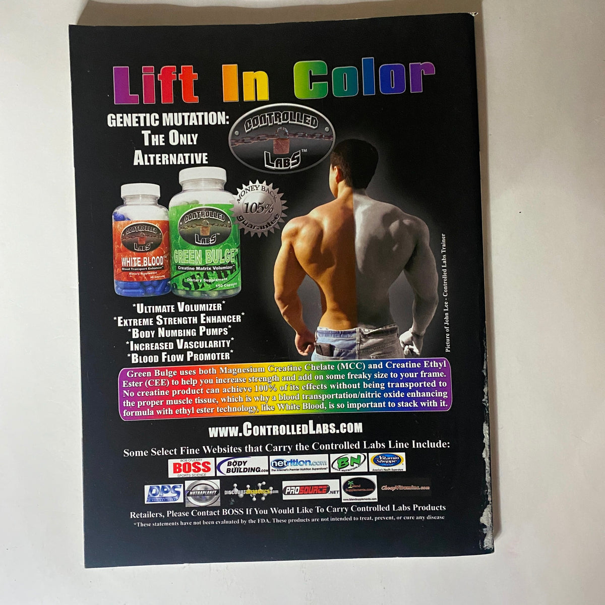 Back cover of Fitness RX Magazine July 2006 displaying a promotional advertisement for supplements, titled 'Lift In Color', emphasizing muscle enhancement and strength.