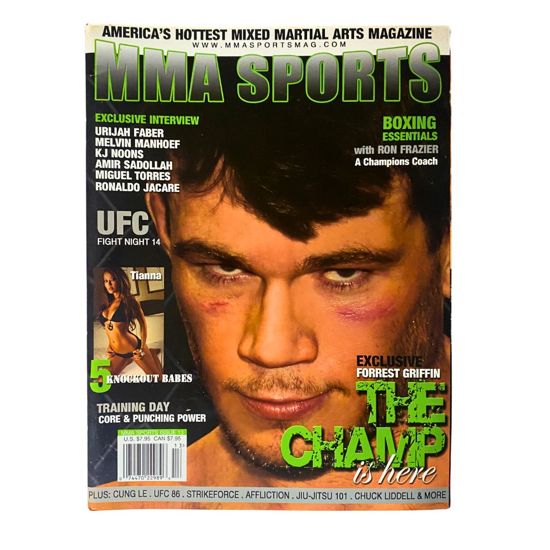 Cover of MMA Sports Magazine Issue 13 featuring Forrest Griffin, showcasing exclusive content about MMA, with highlights including fight analyses and interviews related to the UFC.