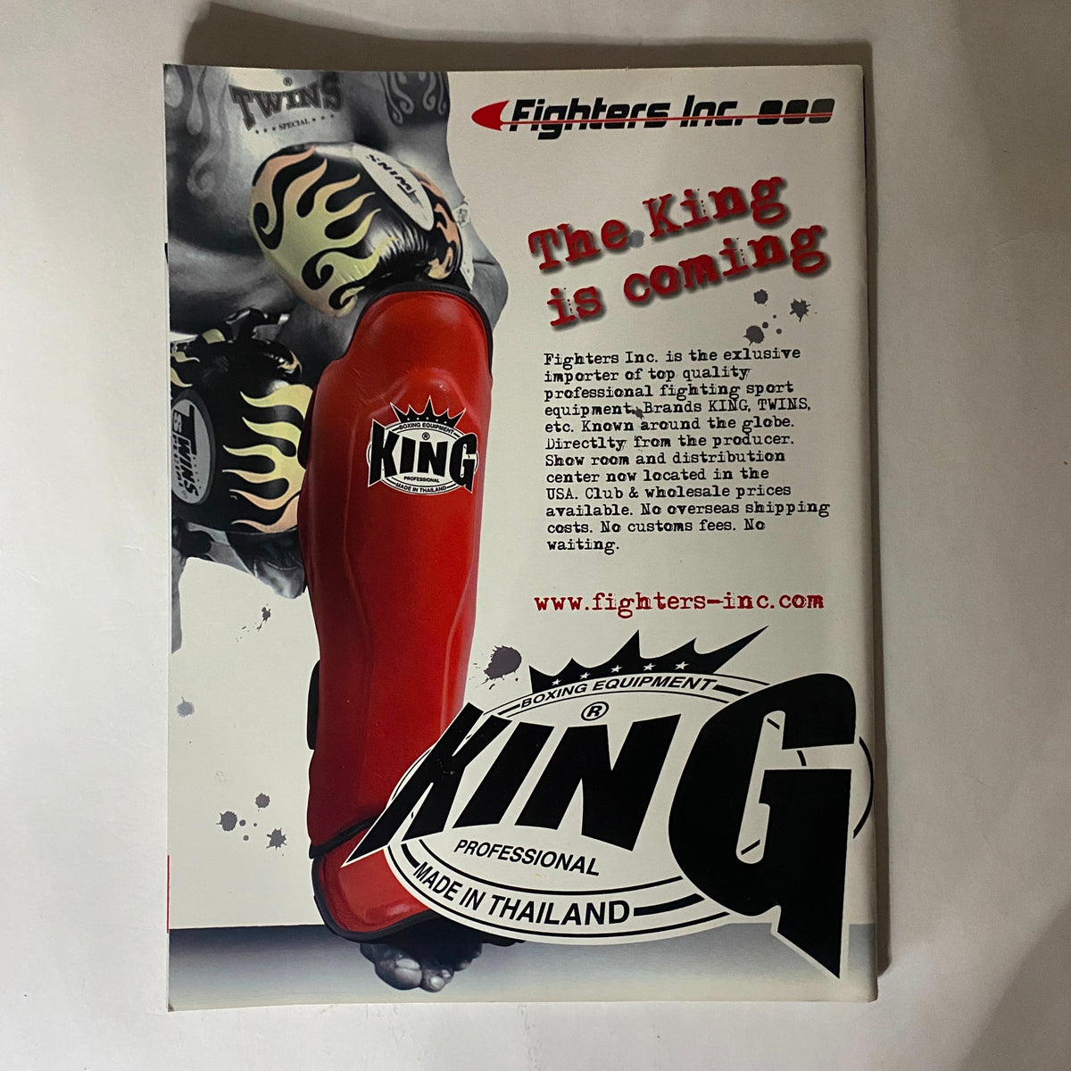 Back cover of a Fighter's Inc. promotional magazine highlighting martial arts equipment including King brand products.