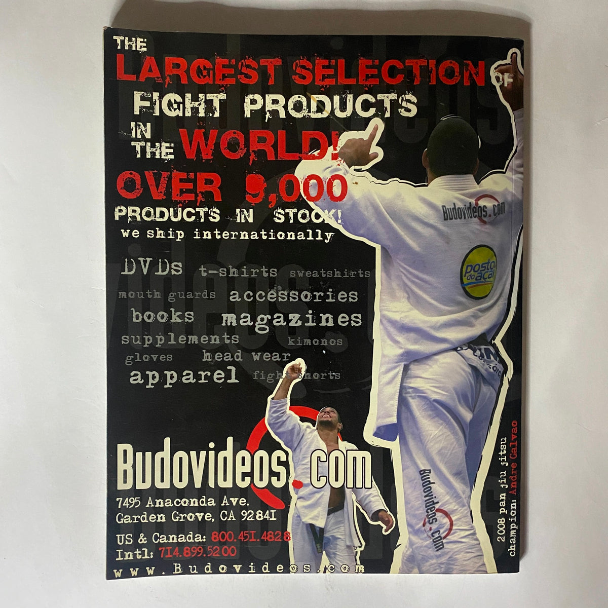 Promotional back cover from BJJ Legends Magazine 2009 No. 1 featuring Royce Gracie, advertising various fight products available from Budovideos.com.