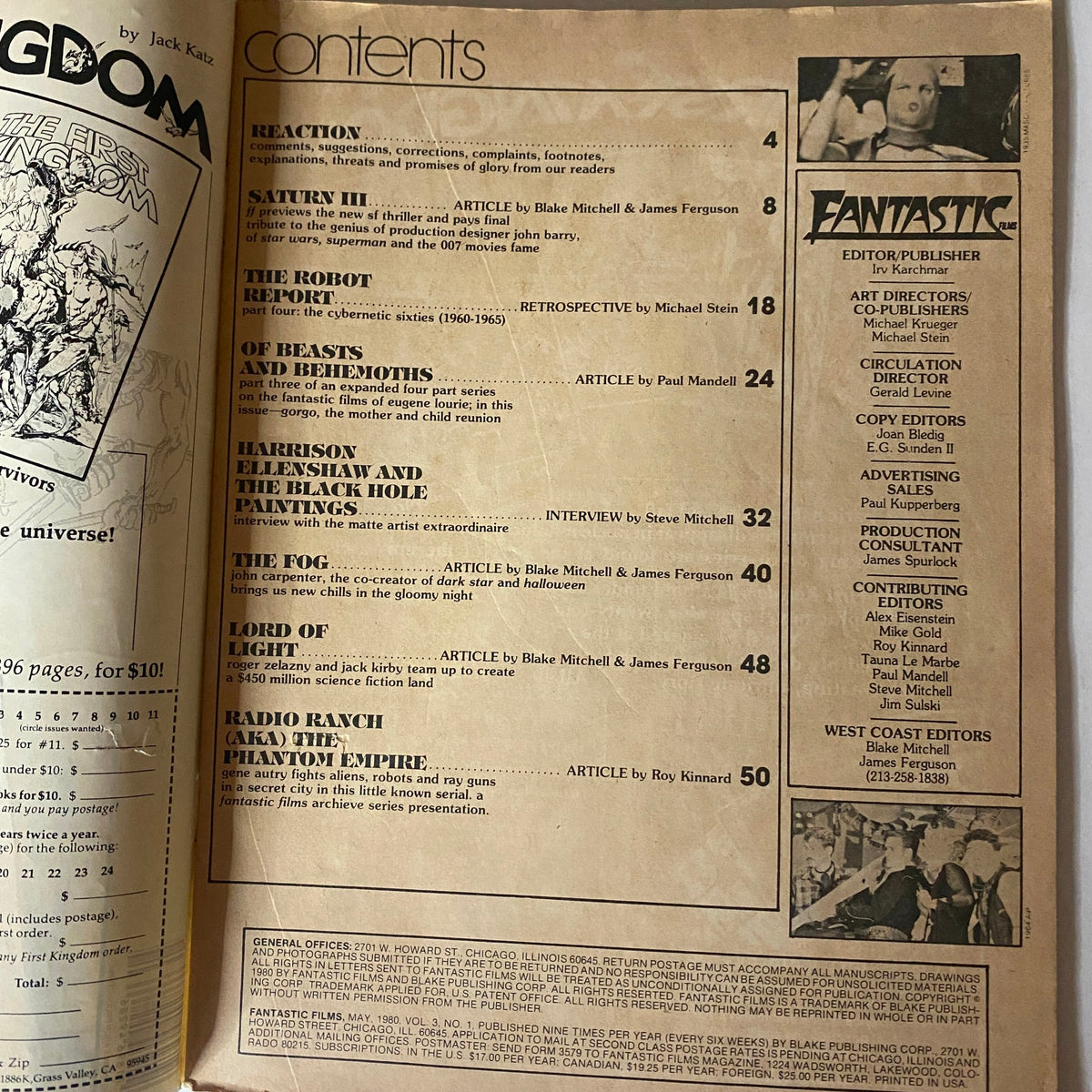 Contents page of VTG Fantastics Films Magazine May 1980 Vol 3 No. 1, outlining articles about films and interviews including 'The Fog' and 'Lord of Light'.