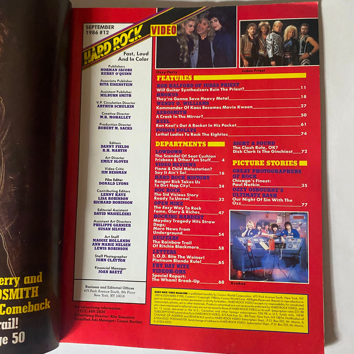 Inside page of VTG Hard Rock Video Magazine September 1986, displaying the table of contents and featured articles including Rob Halford and Wendy O. Williams.