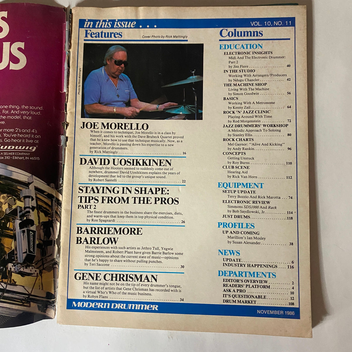 Modern Drummer Magazine November 1986 featuring David Uosikkinen, showcasing an article section with features on drummers like Joe Morello and David Uosikkinen. The magazine highlights insights into drumming and music culture of the 1980s.