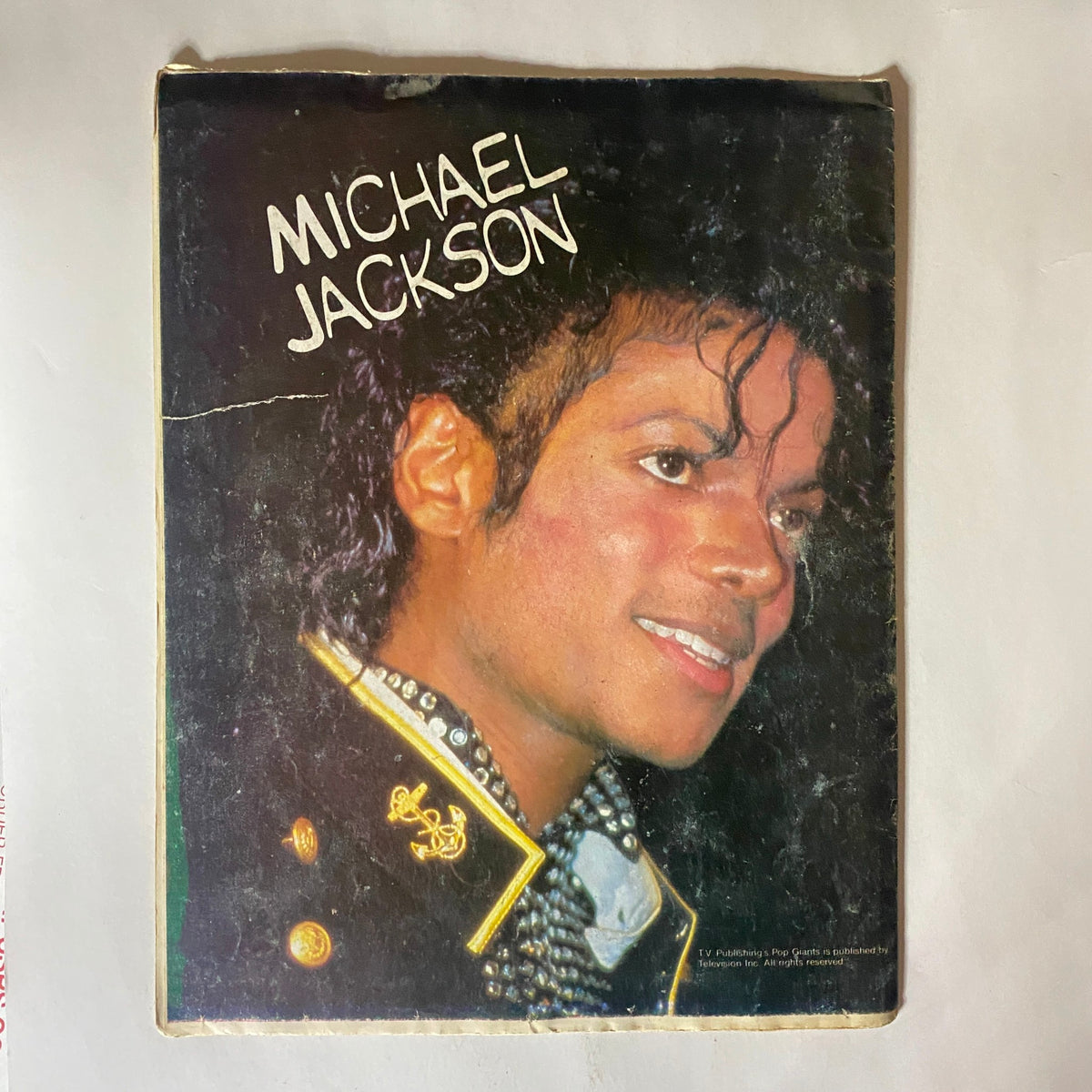 Back cover of the VTG Pop Giants TV Magazine 1984 featuring a striking portrait of Michael Jackson, emphasizing his influence in the music industry.
