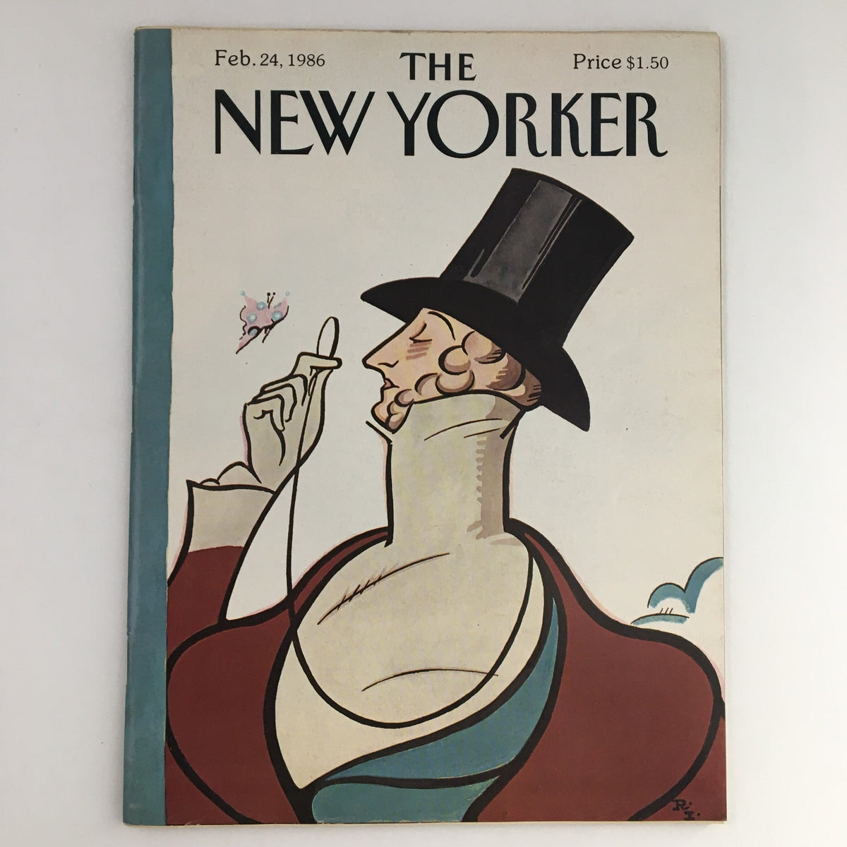 Cover of The New Yorker Magazine dated February 24, 1986 featuring iconic artwork by Rea Irvin, showcasing a character in a top hat with a sophisticated expression.
