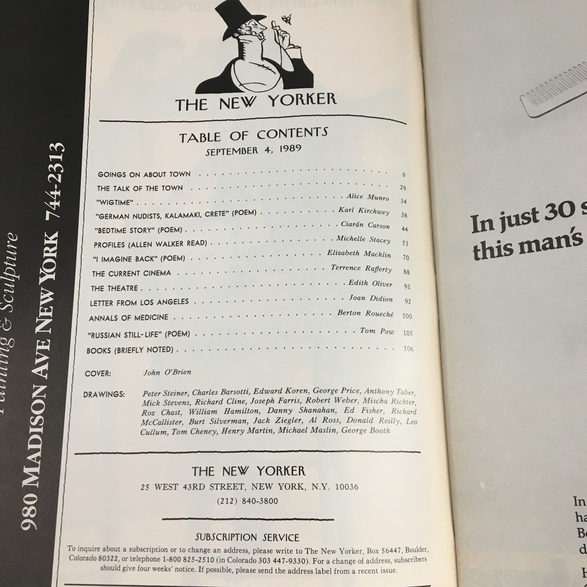 Table of contents page from The New Yorker Magazine September 4 1989, detailing featured articles and cover credit to John O'Brien.