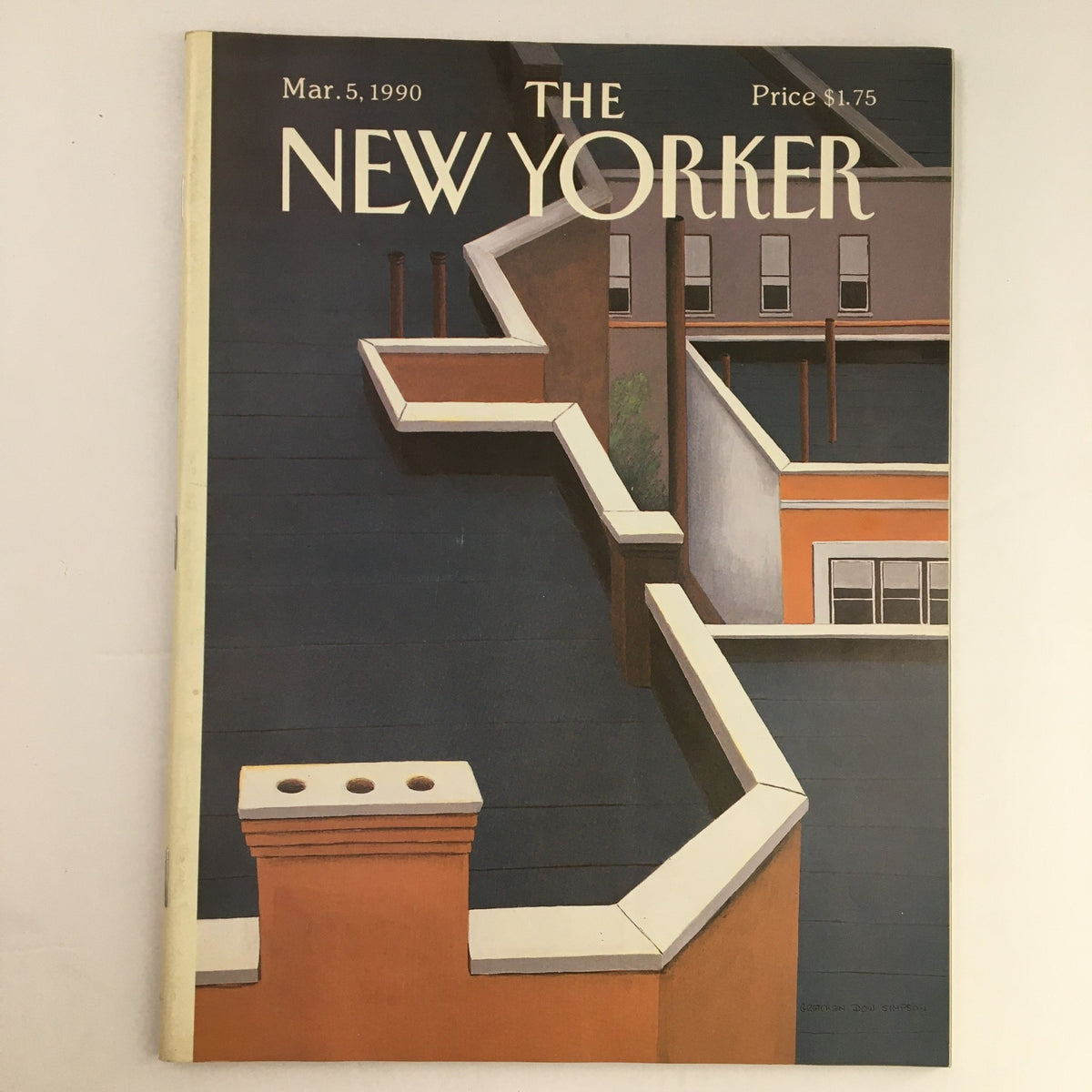 Cover of The New Yorker Magazine dated March 5, 1990, featuring an artistic depiction of rooftops, designed by Gretchen Dow Simpson.