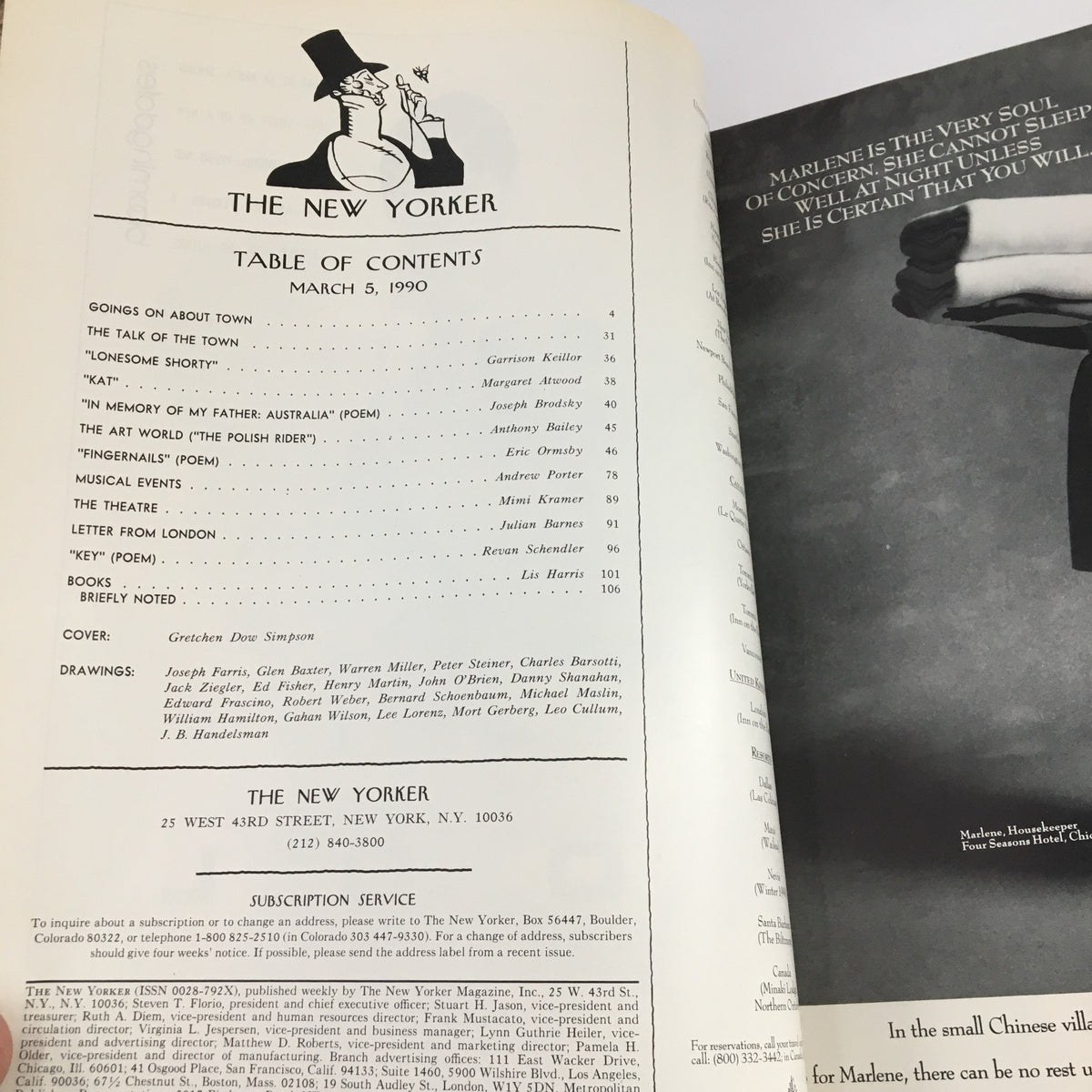 Interior page of The New Yorker Magazine from March 5, 1990, featuring the Table of Contents. Includes sections on literature, art, music, and poems, designed by Gretchen Dow Simpson, reflecting the cultural themes of the early '90s.