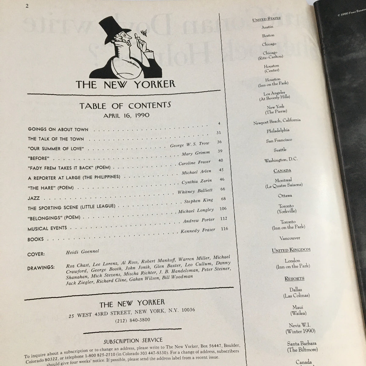 Table of contents from The New Yorker Magazine April 16 1990, featuring articles and poems including 'Fady Frem Takes It Back,' 'The Talk of the Town,' and 'Jazz,' along with cover art by Heidi Goennel.