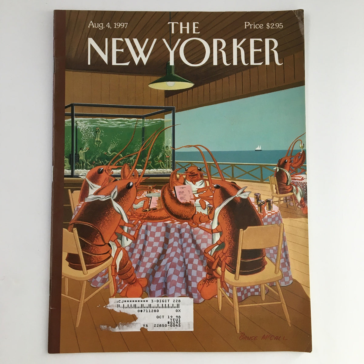 Cover of The New Yorker Magazine August 4 1997 featuring a humorous illustration by Bruce McCall of lobsters dining at a seaside table.