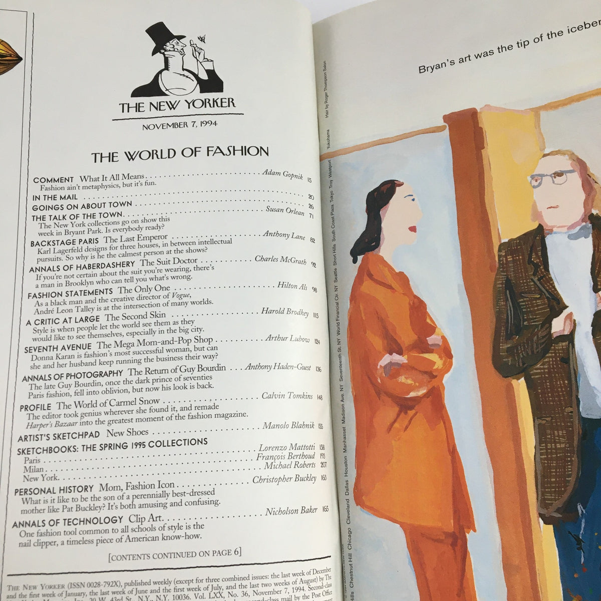 Interior page from The New Yorker Magazine November 7, 1994, displaying the table of contents page with articles related to fashion, including illustrations and the magazine's title.