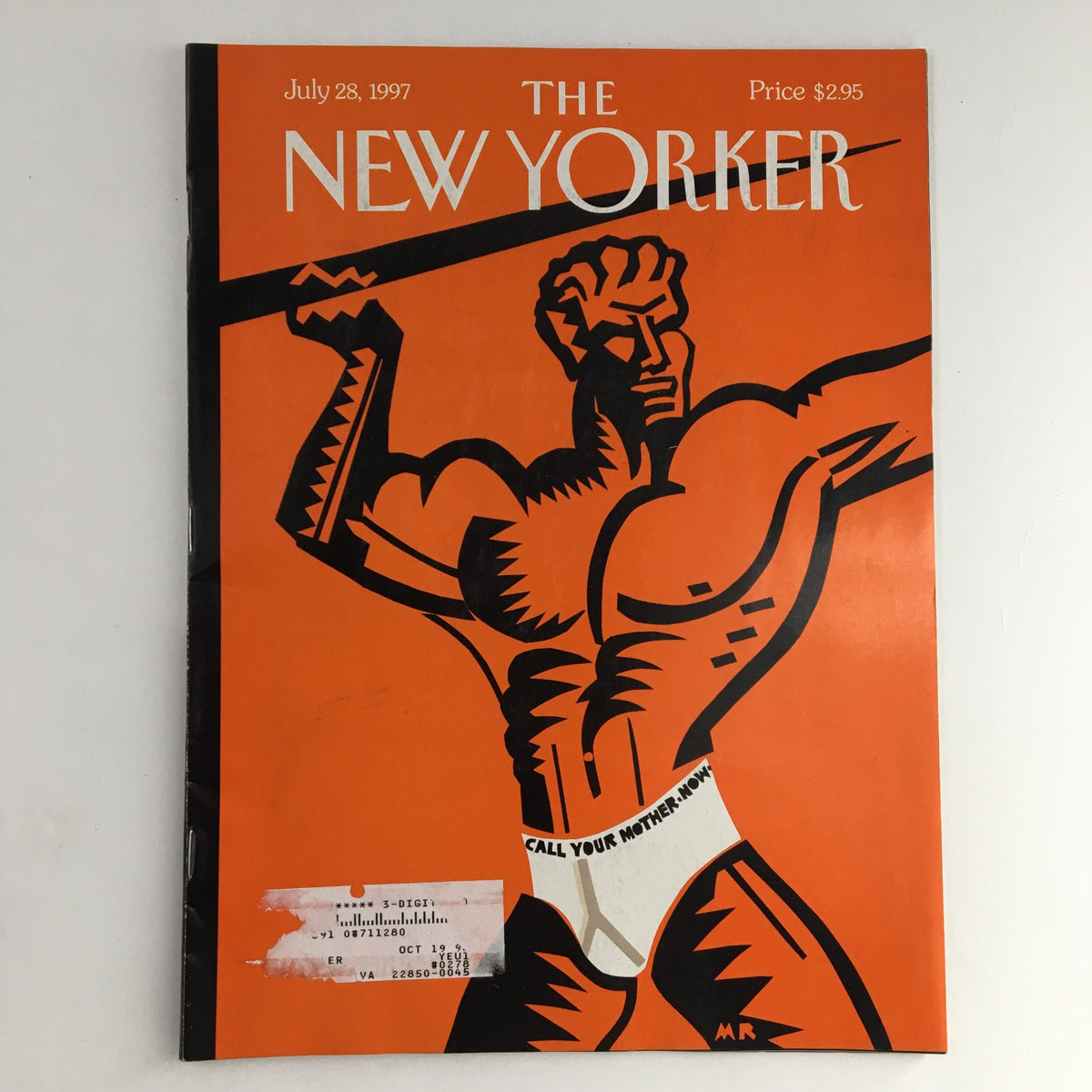 The New Yorker Magazine July 28 1997 Full Theme Cover by Michael Roberts featuring a bold, graphic illustration of a muscular figure against an orange background, showcasing the vibrant artistry typical of The New Yorker.