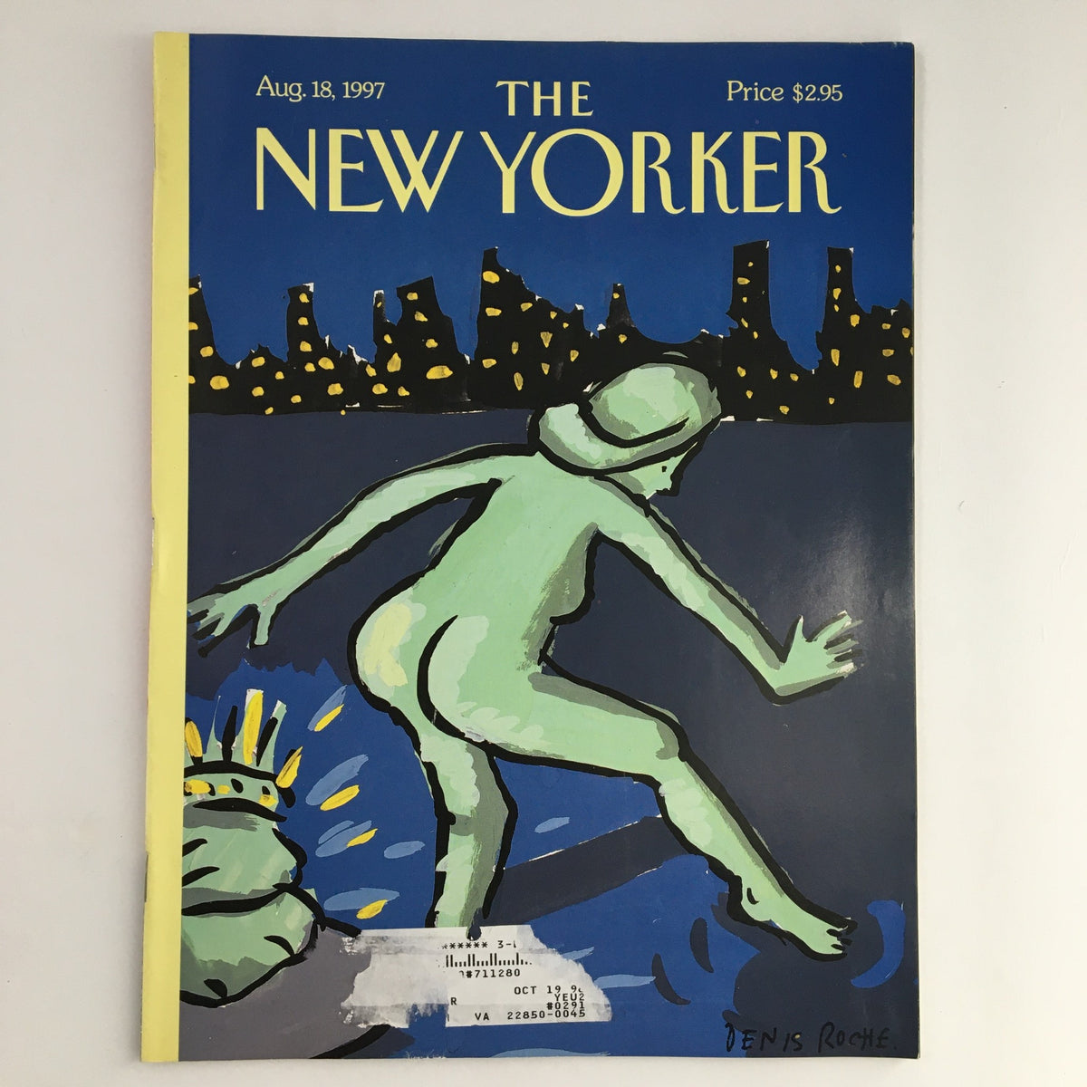 Cover of The New Yorker Magazine August 18 1997 featuring artwork by Denis Roche, depicting a vibrant illustration with the Statue of Liberty and a whimsical figure.