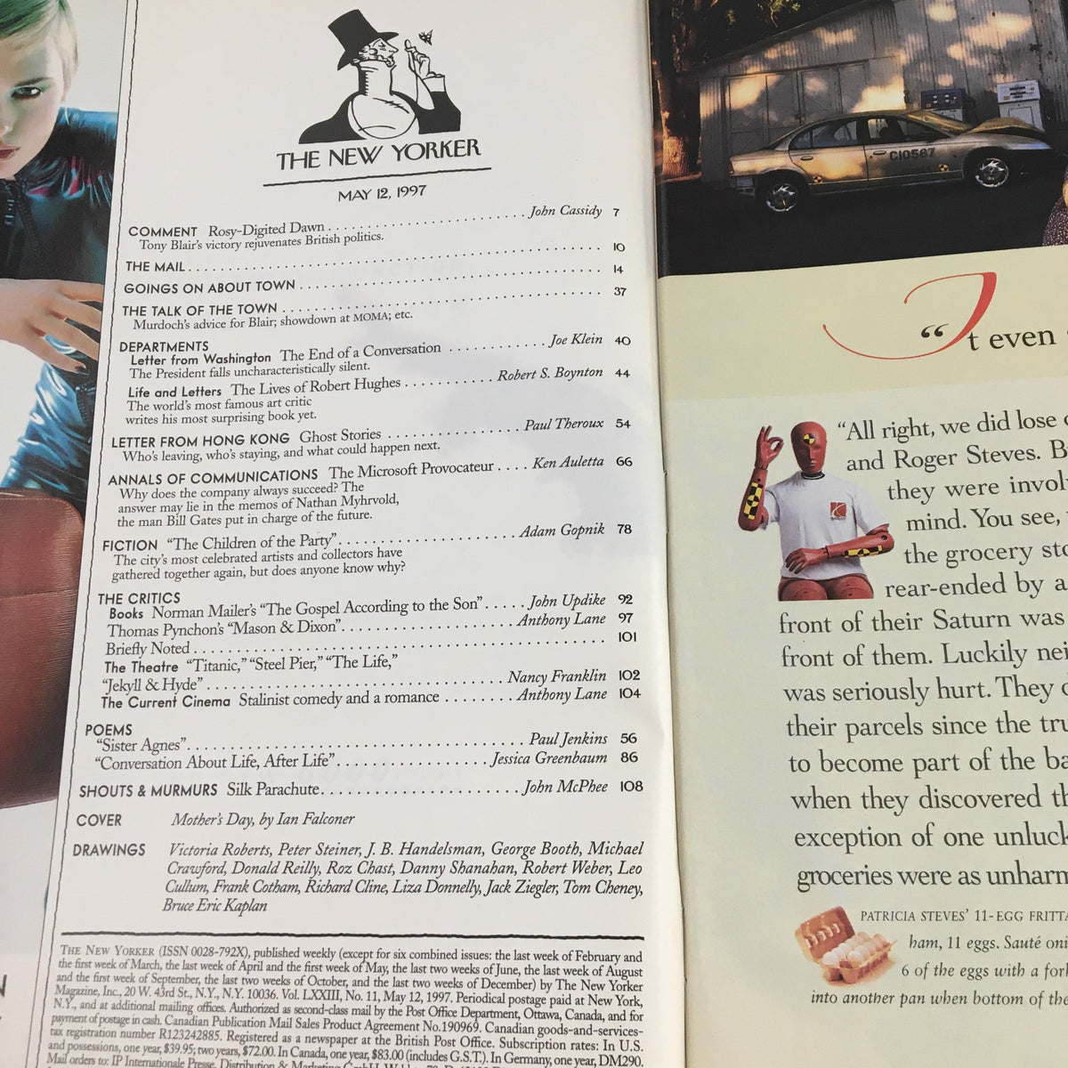 Table of contents for The New Yorker Magazine May 12 1997, highlighting articles and contributors, including the Mother's Day edition cover art by Ian Falconer.