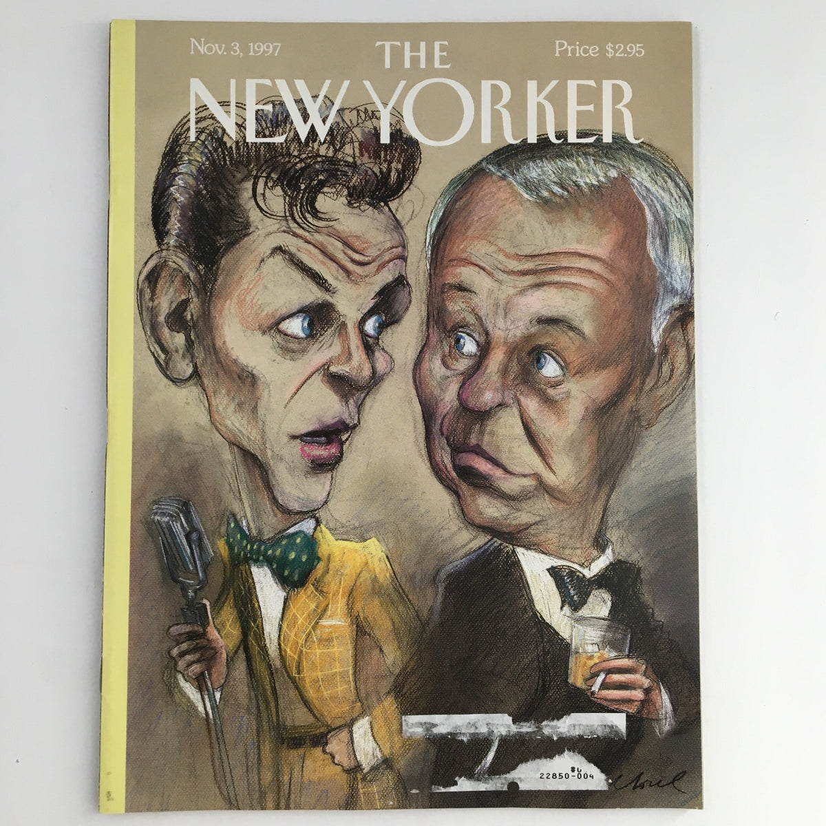 The New Yorker Magazine November 3 1997 cover featuring the artwork 'Stranger's In The Night' by Edward Sorel, depicting caricatures of two men in conversation with expressive features and vibrant colors.