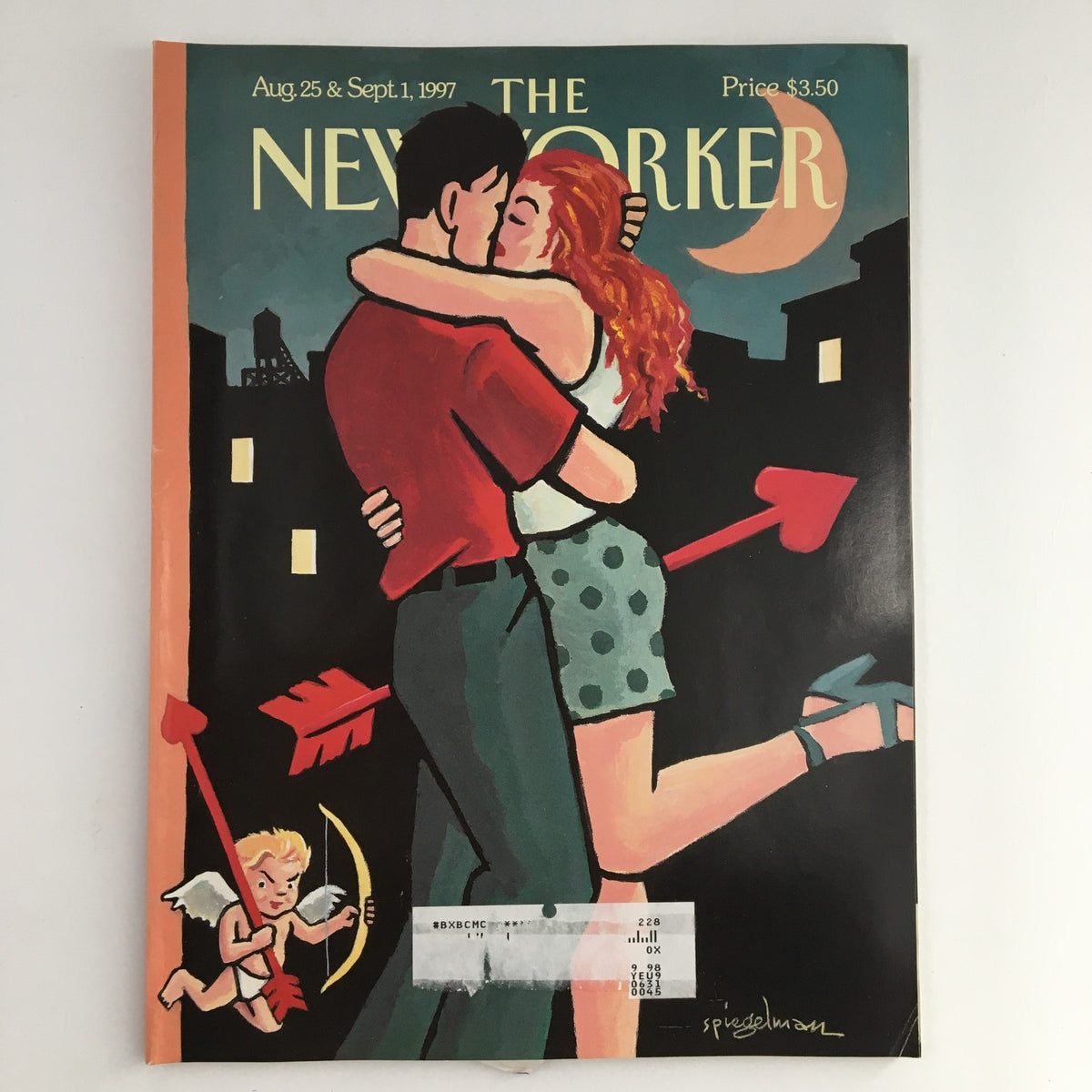 Cover of The New Yorker Magazine from August 25, 1997, featuring the Beau and Eros theme illustrated by Art Spiegelman, showcasing a romantic couple embracing with playful Cupid figure.