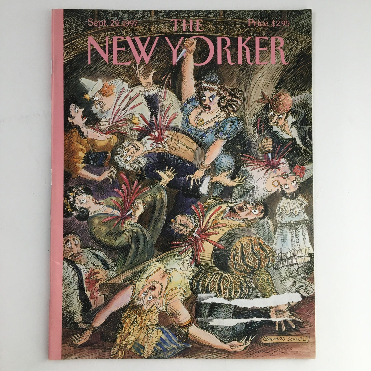Cover of The New Yorker Magazine from September 29, 1997, featuring colorful illustration for the Opening Night theme by Edward Sorel, showcasing a theatrical scene with dramatic expressions.