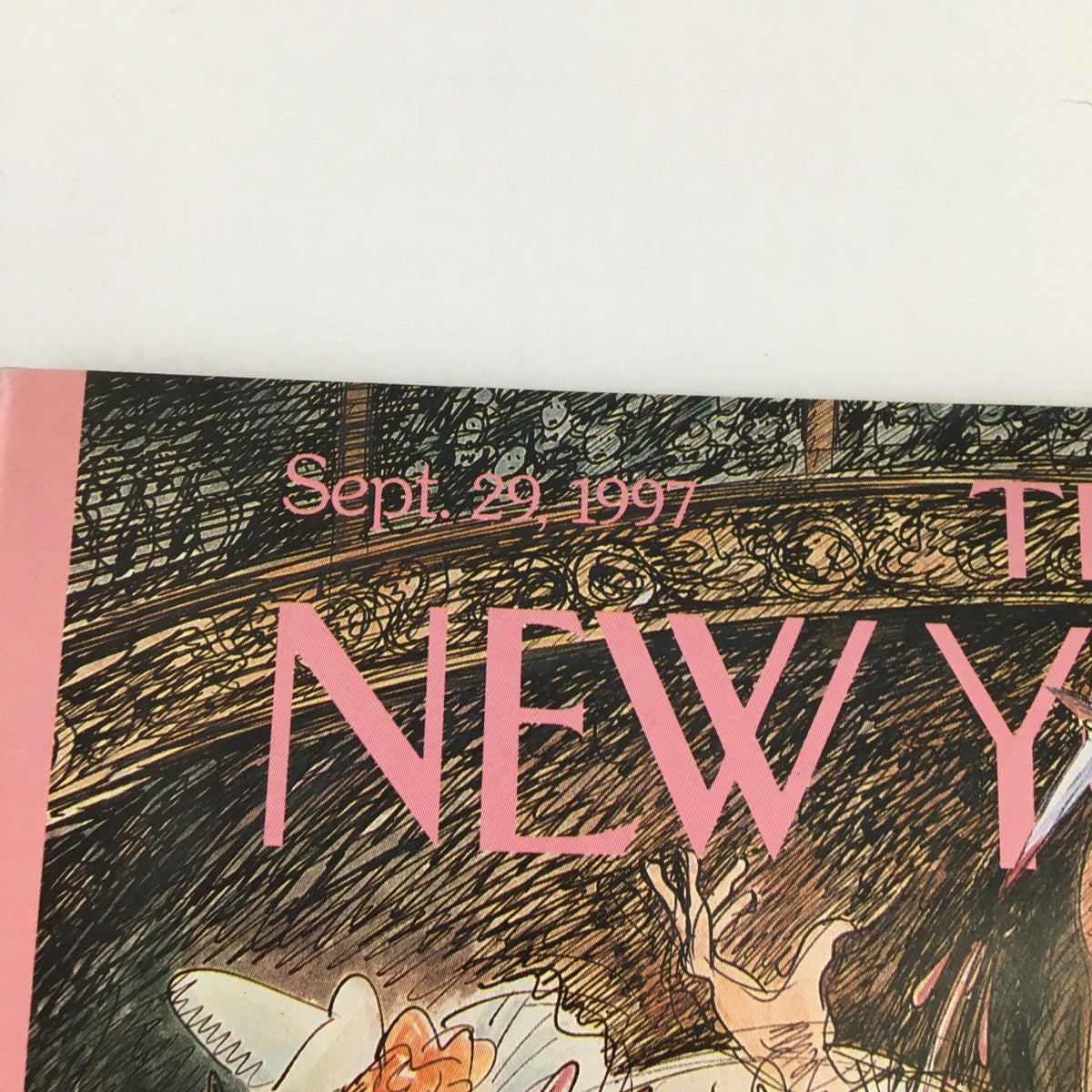 Close-up of The New Yorker Magazine cover dated September 29, 1997, highlighting the title and date along with the artistic details of the Opening Night illustration by Edward Sorel.