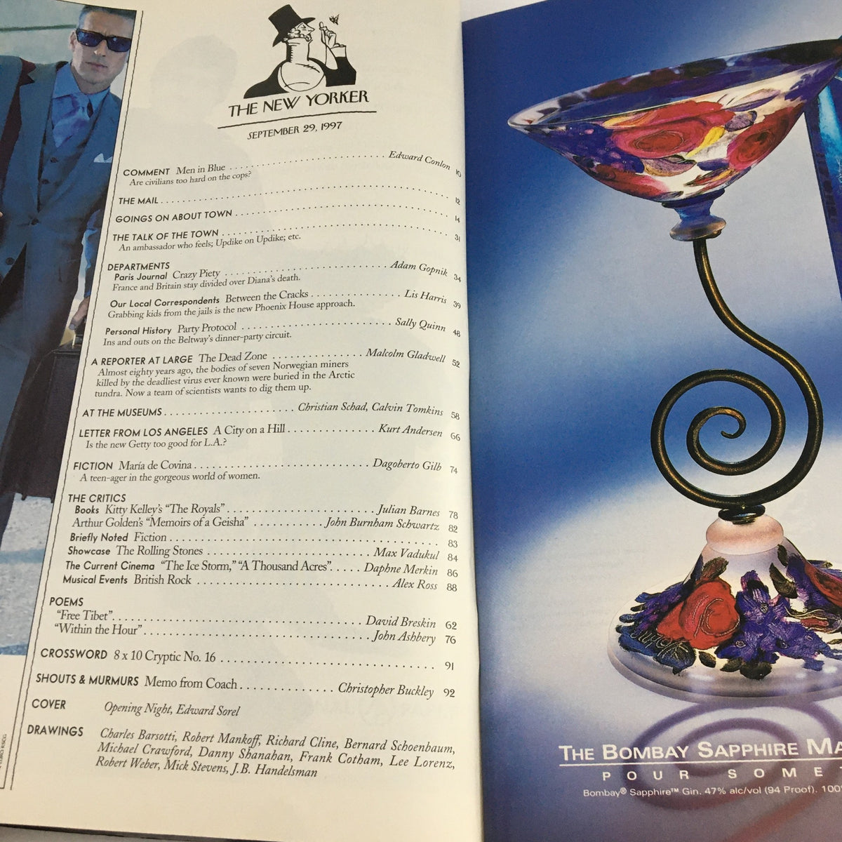 Interior page of The New Yorker Magazine, September 29, 1997, showcasing the table of contents with diverse articles and features including the cover art titled 'Opening Night' by Edward Sorel.