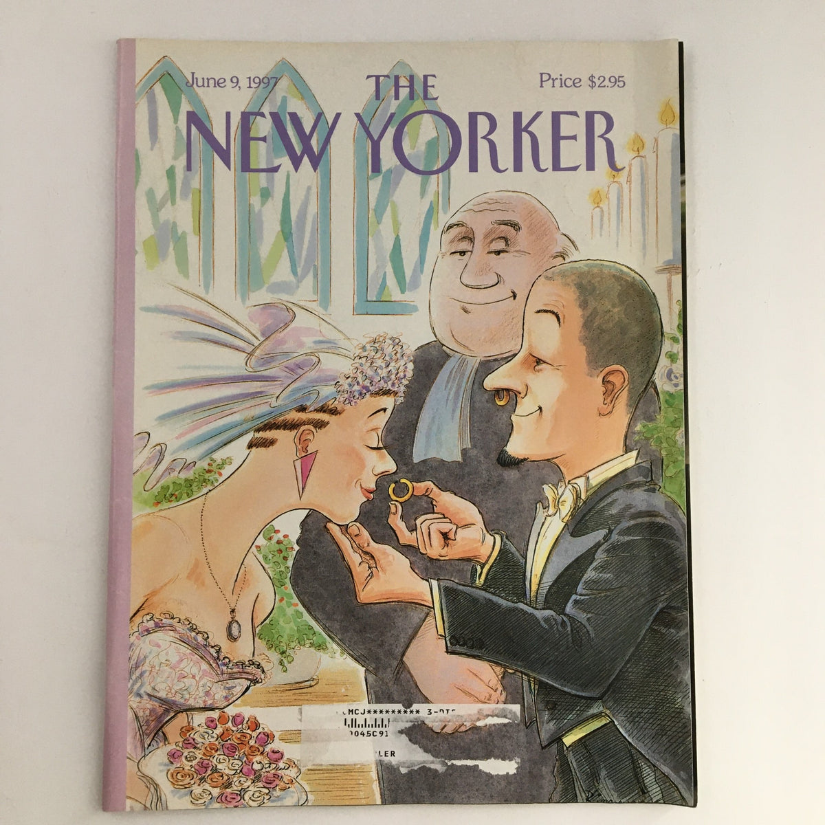 The New Yorker Magazine June 9 1997 Modern Marriage Cover by George Riemann, featuring a humorous illustration of a couple exchanging wedding rings in an elegant setting.
