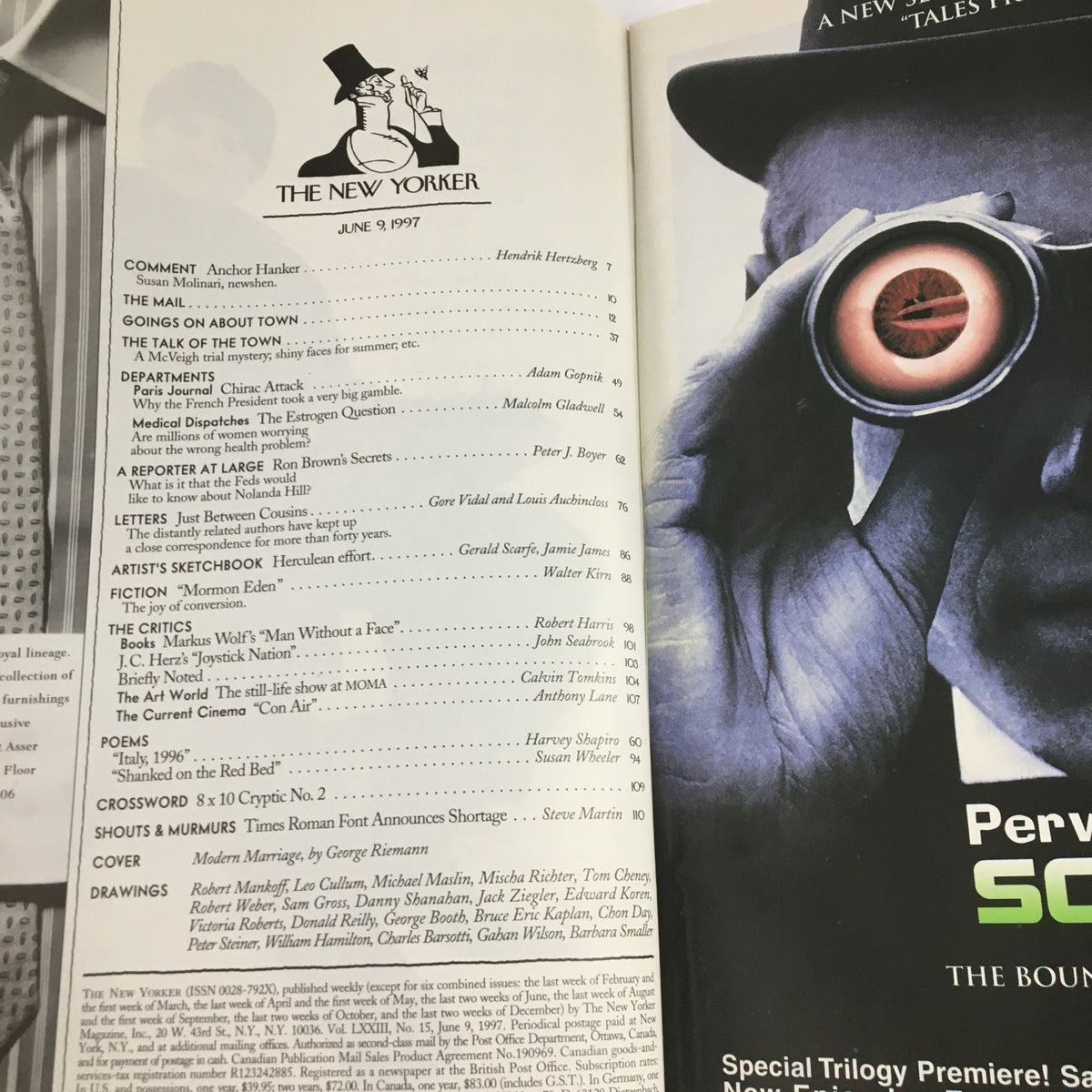 Table of contents for The New Yorker Magazine June 9 1997 featuring articles and sections including 'Comment,' 'Departments,' and 'Cover' by George Riemann, highlighting a modern commentary on society.