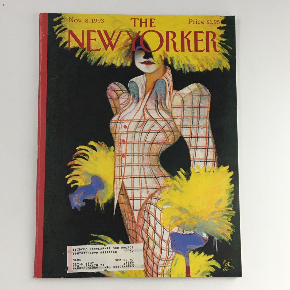 Cover of The New Yorker Magazine dated November 8, 1993, featuring the Paris Pret-a-Porter illustration by Lorenzo Mattotti, showcasing a model in a vibrant outfit with an elaborate headdress.
