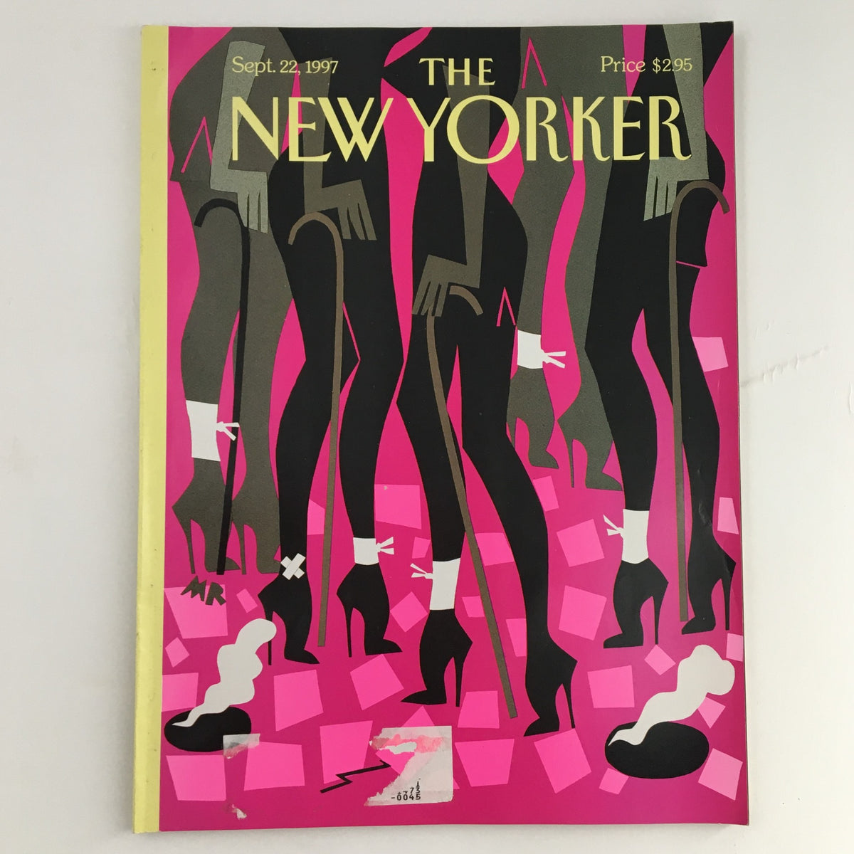 Cover of The New Yorker Magazine September 22, 1997, titled 'Head Over Heels' by Michael Roberts, featuring a vibrant pink background with stylized figures in high heels.