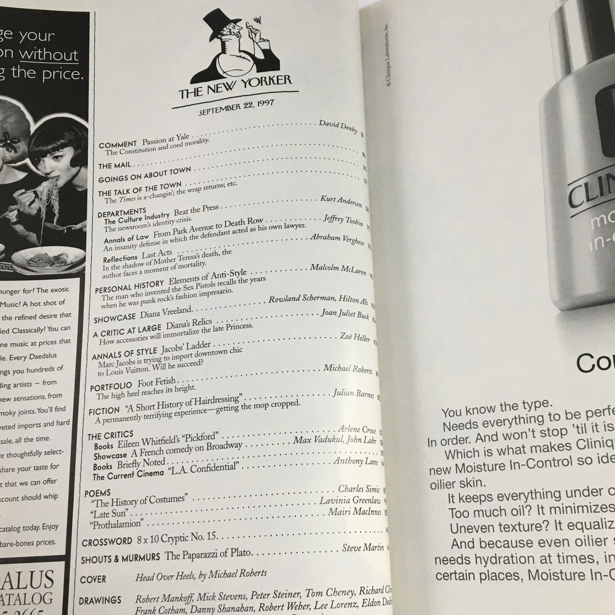 Inside spread of The New Yorker Magazine from September 22, 1997, showcasing contents including editorial listings and an advertisement for Clinique, featuring the title 'Head Over Heels' by Michael Roberts.