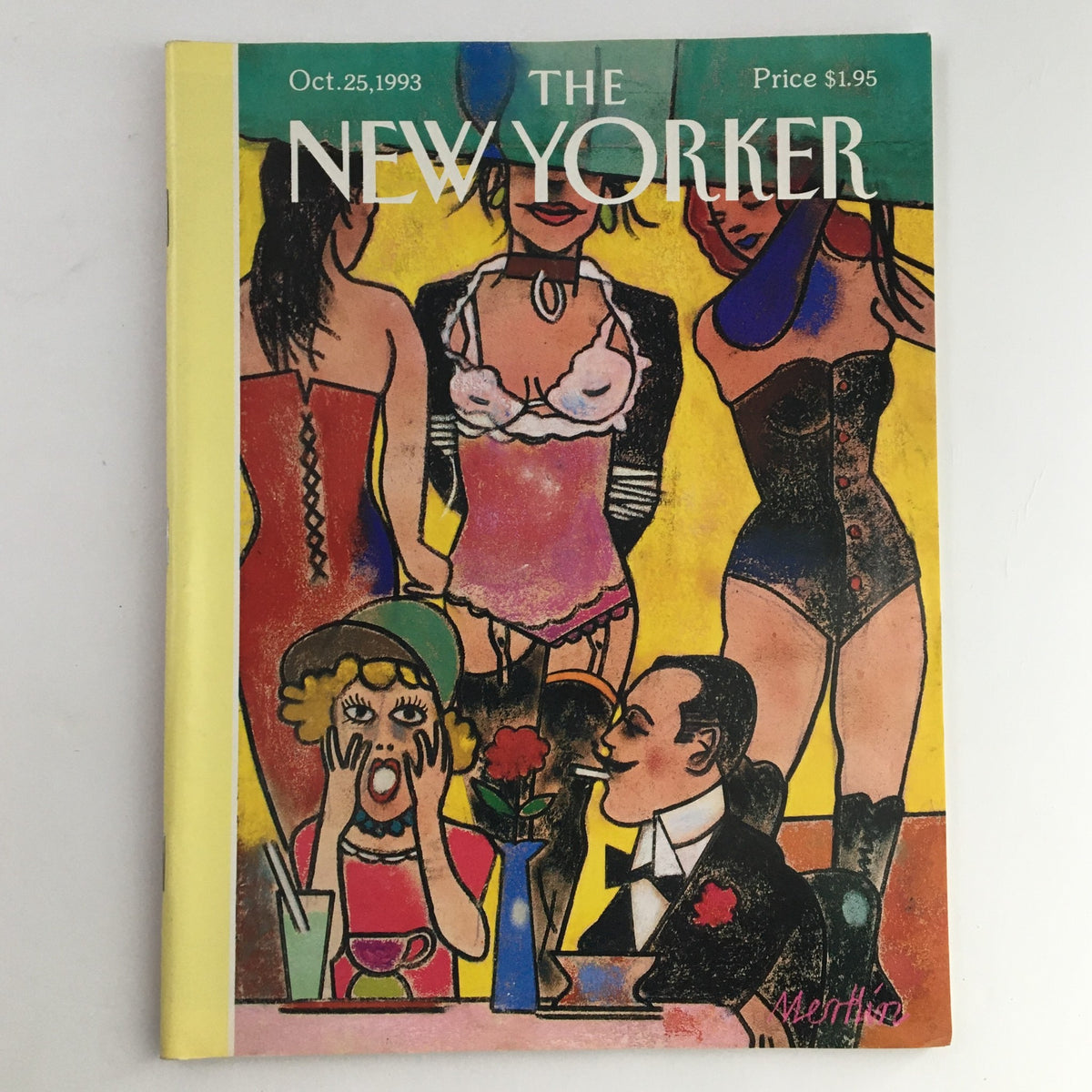 Cover of The New Yorker Magazine dated October 25, 1993, featuring the artwork 'Couture de Sade' by Richard Merkin, showcasing colorful illustrations of women in lingerie and a surprised character at a table.