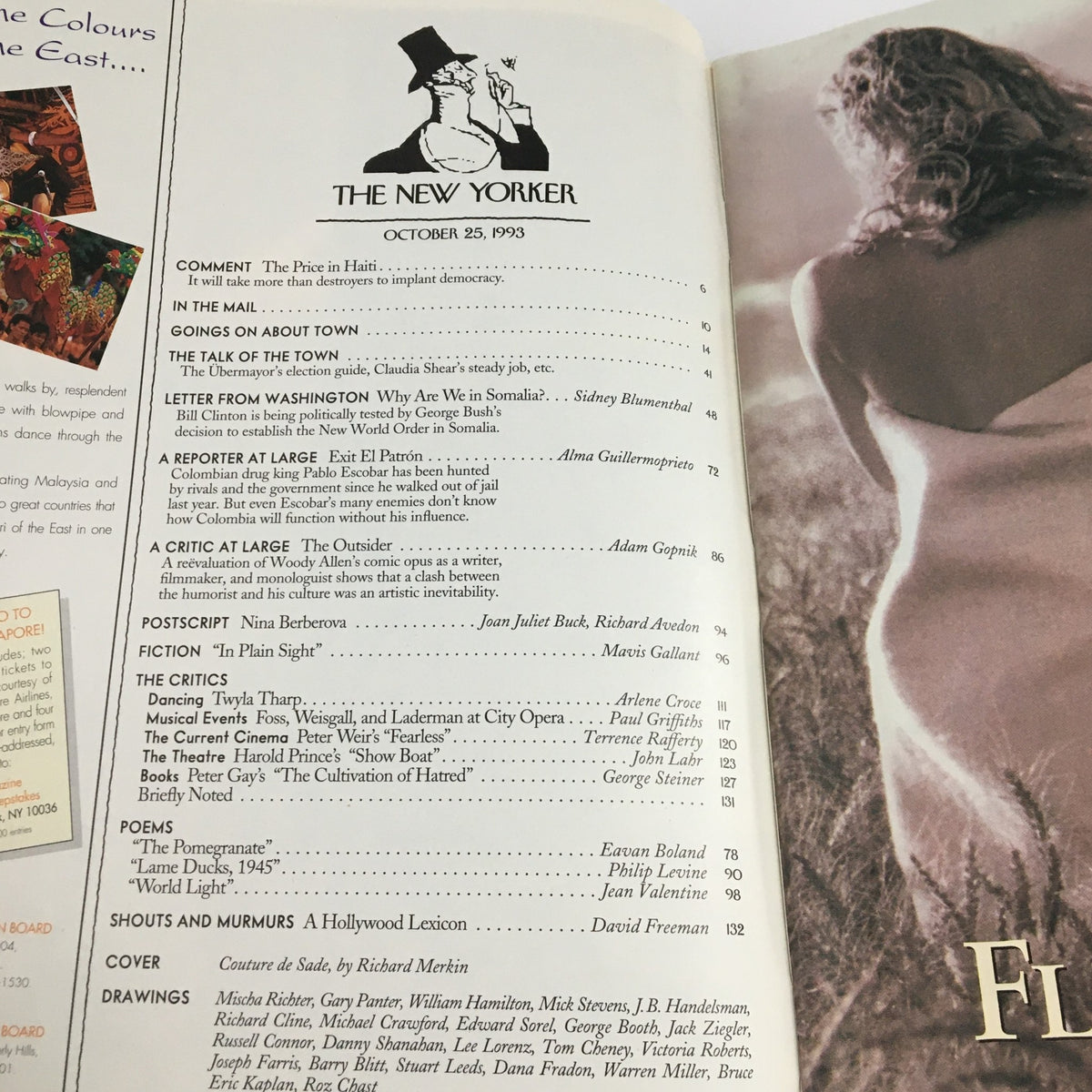 Table of contents from The New Yorker Magazine, October 25, 1993, listing articles and contributors, with a feature on 'Couture de Sade' by Richard Merkin highlighted.