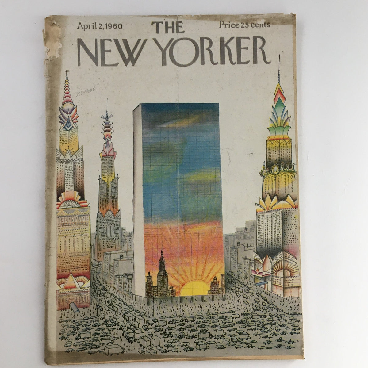 The New Yorker Magazine April 2, 1960 cover featuring vibrant artwork by Saul Steinberg, showcasing iconic New York skyscrapers and a colorful sunset.