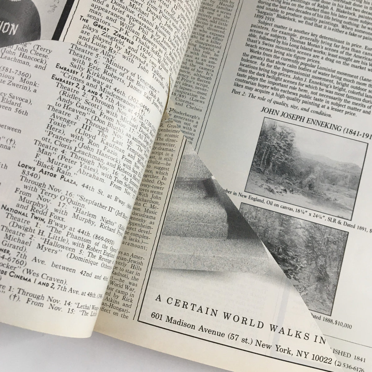 Interior pages of The New Yorker Magazine November 20 1989 showcasing theater listings and editorial content.