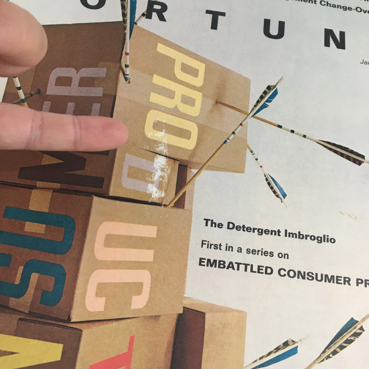 Cover of Fortune Magazine January 1972 featuring the title 'The Detergent Imbroglio: Embattle Consumer Products' with colorful boxes and arrows.