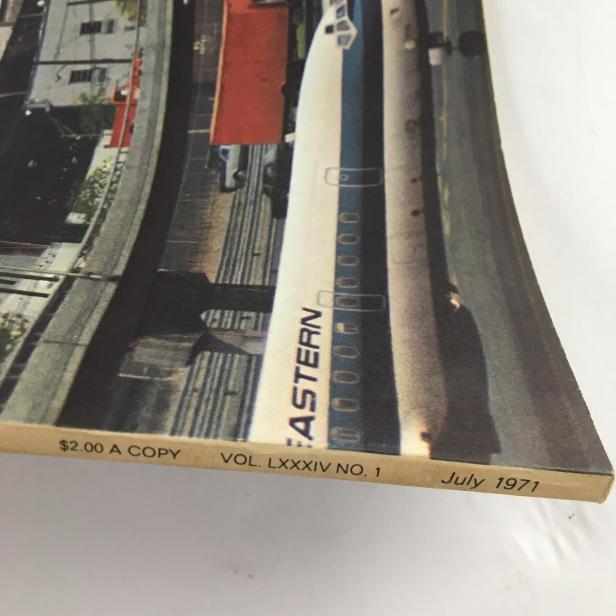 Side view of Fortune Magazine July 1971 showing the Eastern Airlines airplane and magazine details, including the publication date and volume, linked to 'Transportation's Troubled Abundance'.
