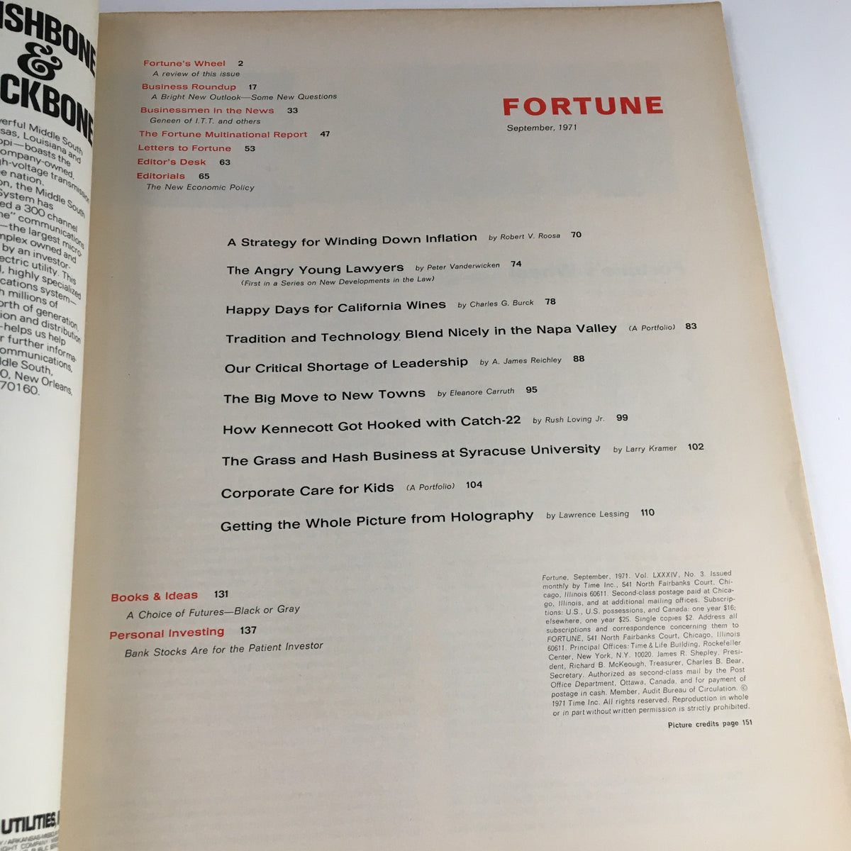 Inside view of the September 1971 Fortune Magazine showcasing the table of contents, including articles such as 'A Strategy for Winding Down Inflation', highlighting the magazine's focus on historical economic strategies.