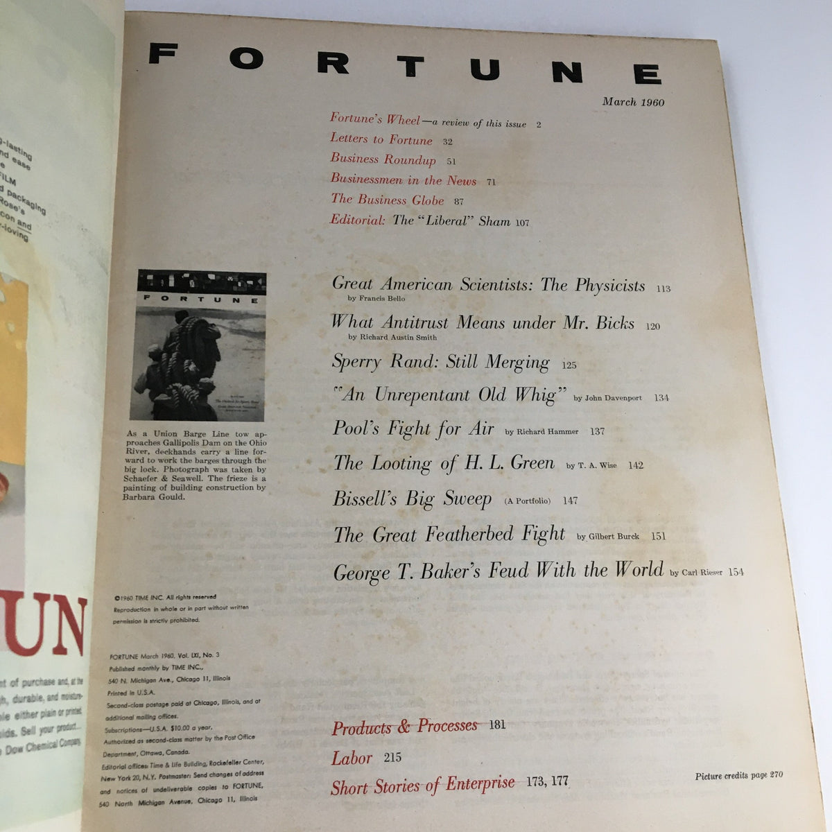 Inside page of Fortune Magazine March 1960 displaying the table of contents with titles such as George T. Baker's Feud with the World.