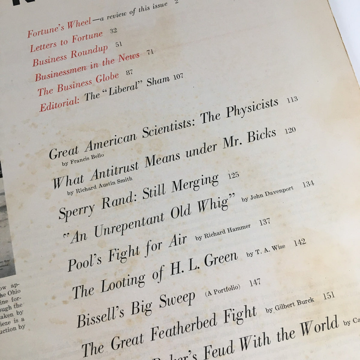 Close-up of the table of contents from Fortune Magazine March 1960, emphasizing articles including George T. Baker's Feud with the World.