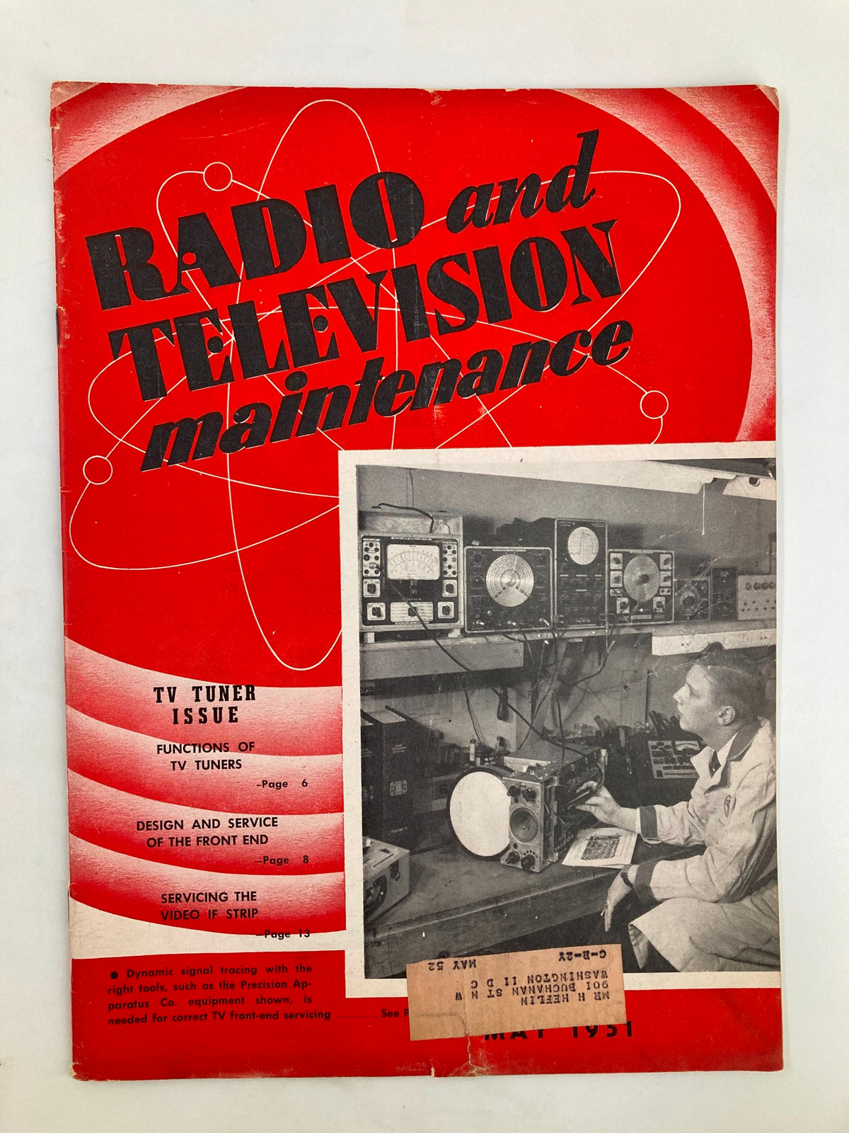 Cover of VTG Radio and Television Maintenance Magazine May 1951 featuring the topic 'Functions of TV Tuners', showcasing retro design and images related to television technology.