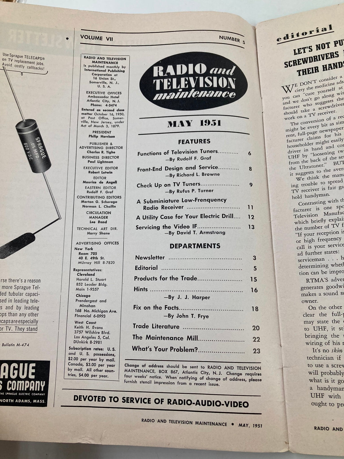 Inside page of VTG Radio and Television Maintenance Magazine May 1951, displaying the editorial and feature section including articles on television technology and tuners.