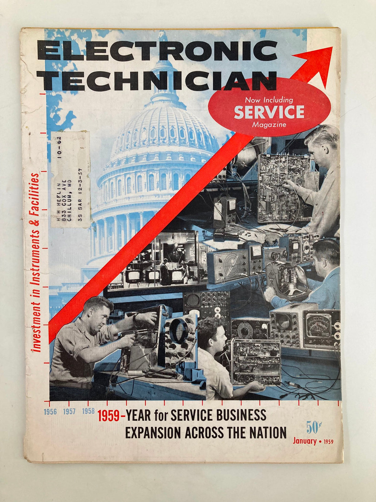 Cover of VTG Electronic Technician Magazine January 1959 featuring bold title, Capitol building background, and images of technicians working on electronics, highlighting the theme of economic growth.