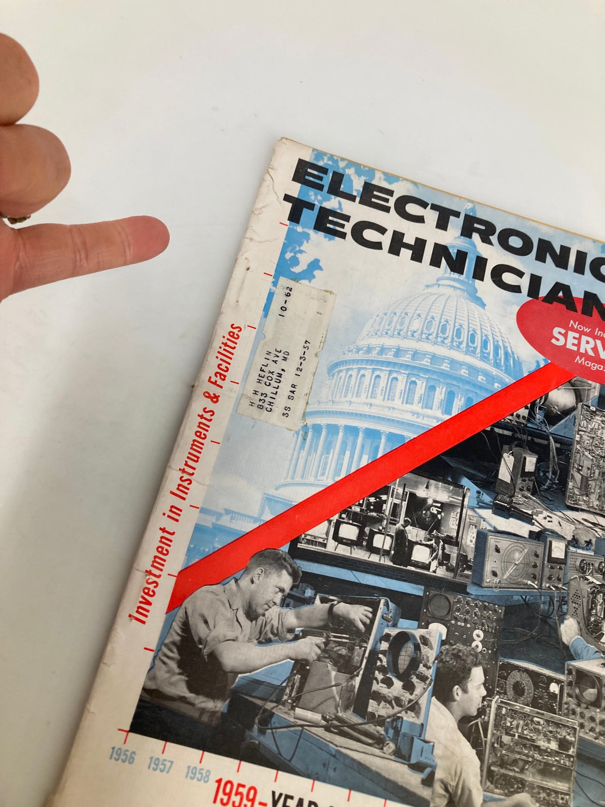 Close-up of the cover of VTG Electronic Technician Magazine January 1959, showing details of the title and images of technicians repairing electronic devices, emphasizing the vintage aspect.