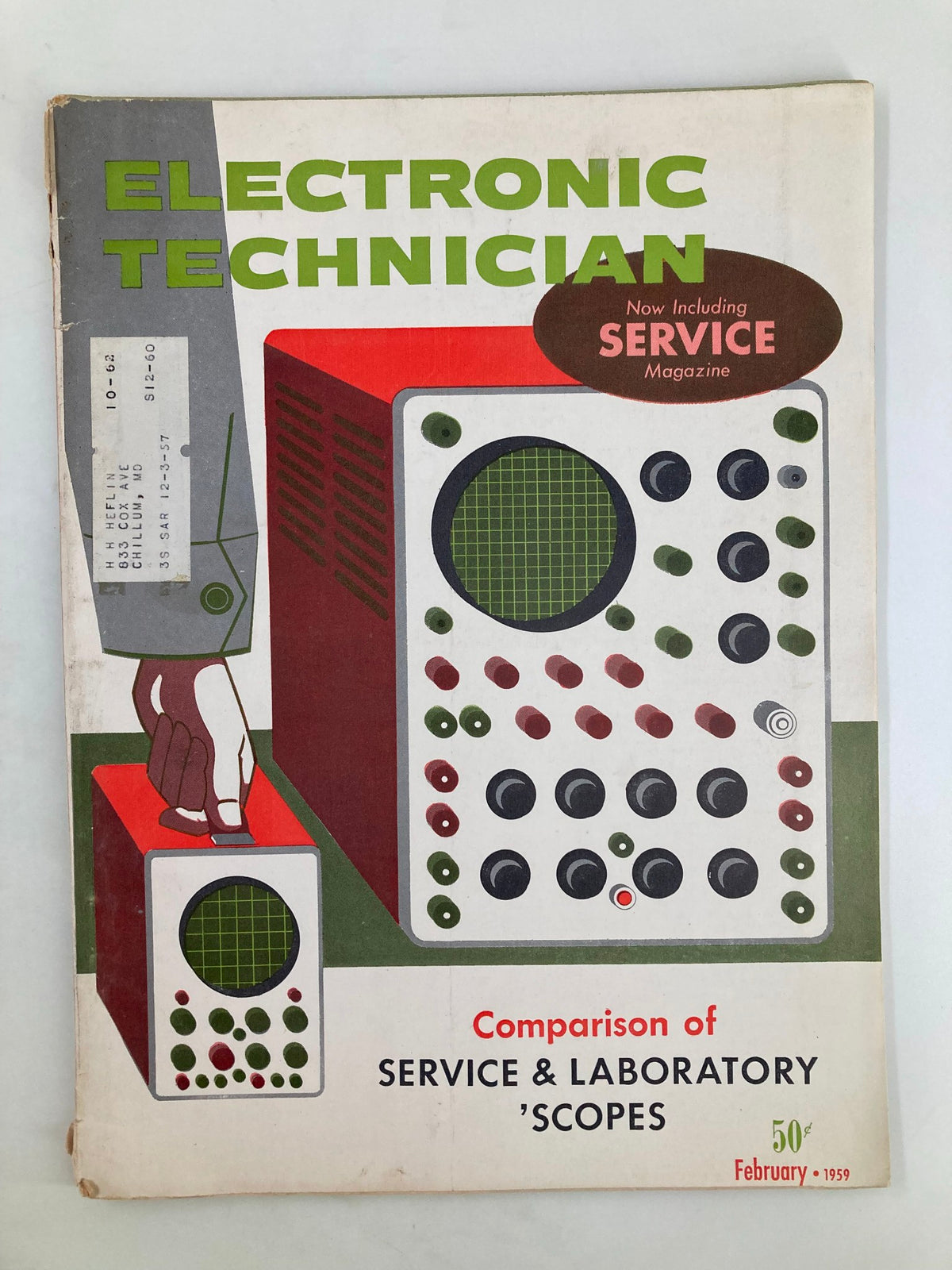 Cover of VTG Electronic Technician Magazine February 1959 featuring colorful graphics and an oscilloscope on the front, highlighting troubleshooting topics.