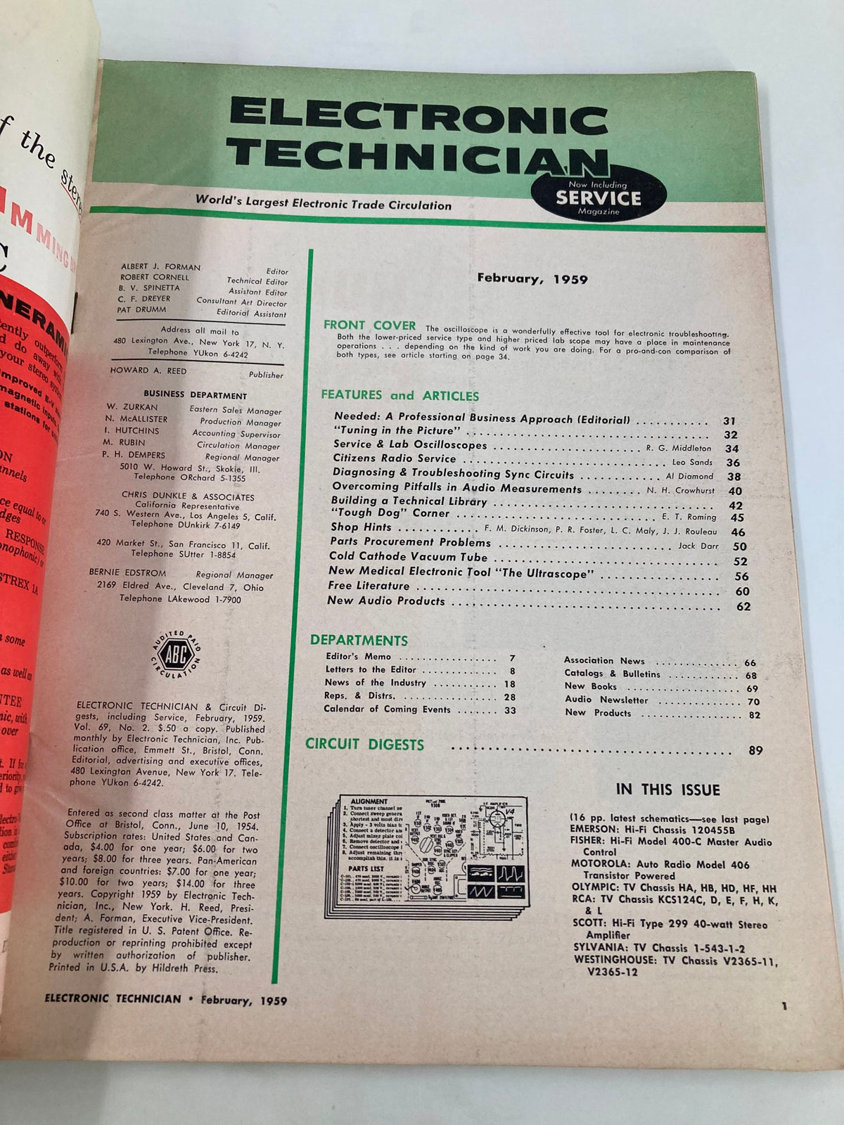 Interior page of VTG Electronic Technician Magazine February 1959 displaying the contents and features, focusing on electronic repair and oscilloscope use.