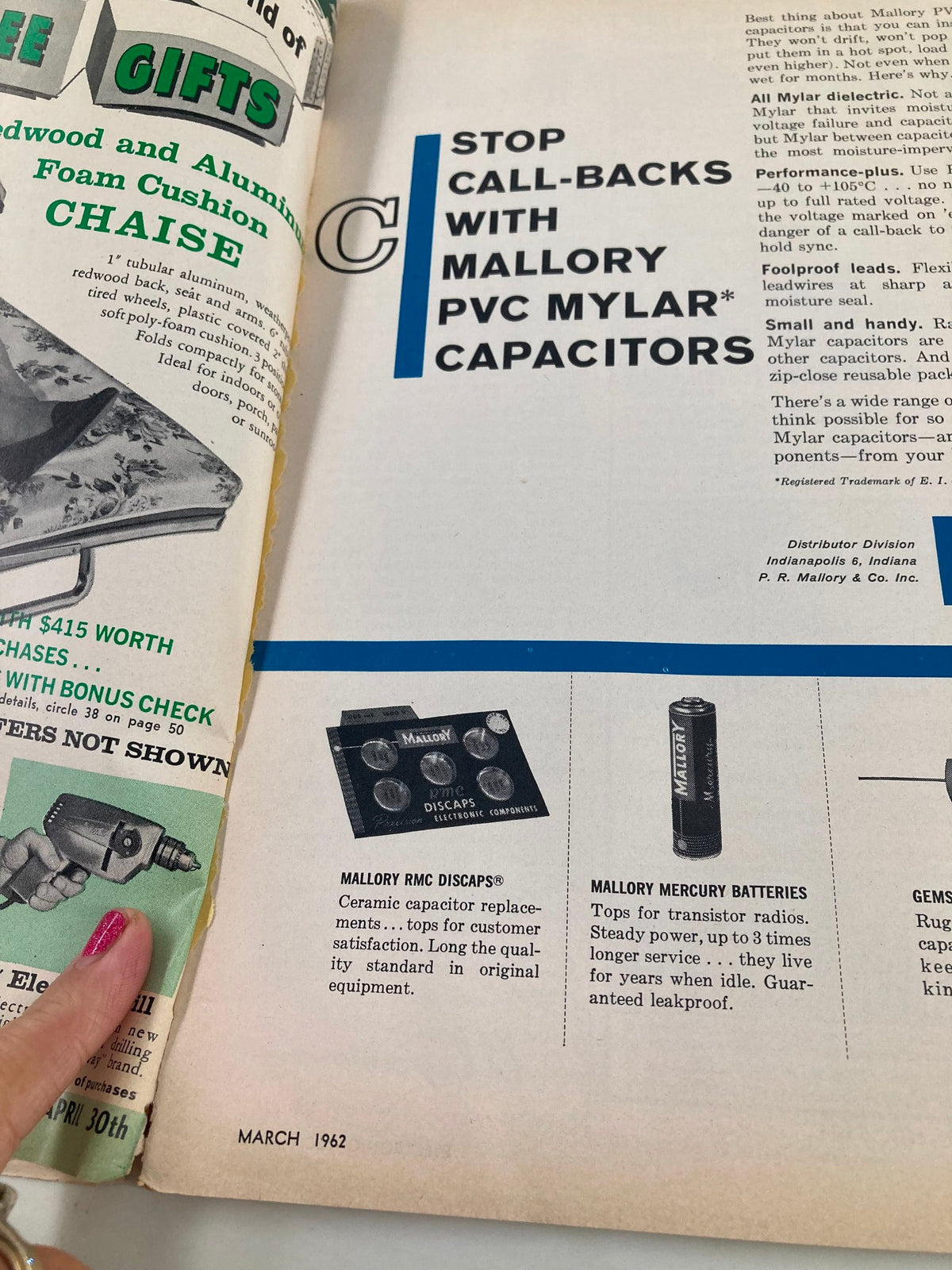 Inside page of VTG Electronic Technician Magazine March 1962 featuring an advertisement for Mallory PVC Mylar capacitors with technical details and product images.