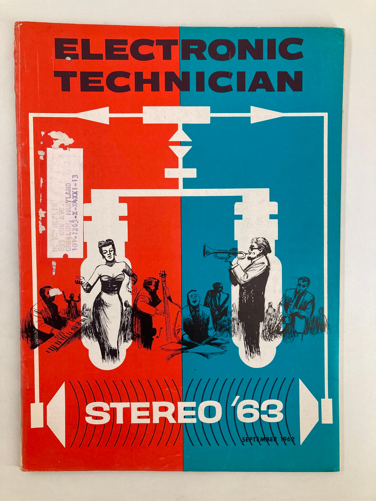 Cover of VTG Electronic Technician Magazine September 1962 featuring vibrant illustration of a stereo system and electronic components, significant for electronics enthusiasts.